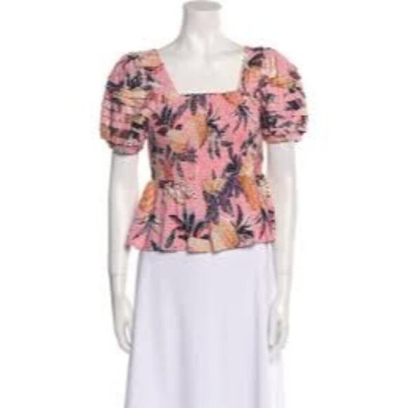 Farm Rio Top Floral Print Square Neckline Smocked Short Puff Sleeve Women's XS - Picture 10 of 10